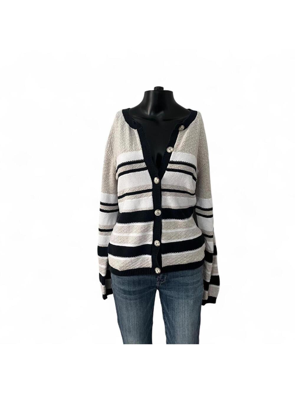 Talbots Vintage Y2k/90s Striped White, Blue, Tan Cardigan